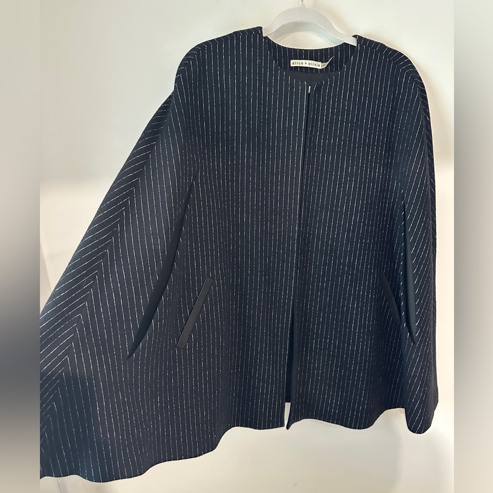Alice & Olivia Elegant Black‎ Striped Cape Coat with leather trim. Size small